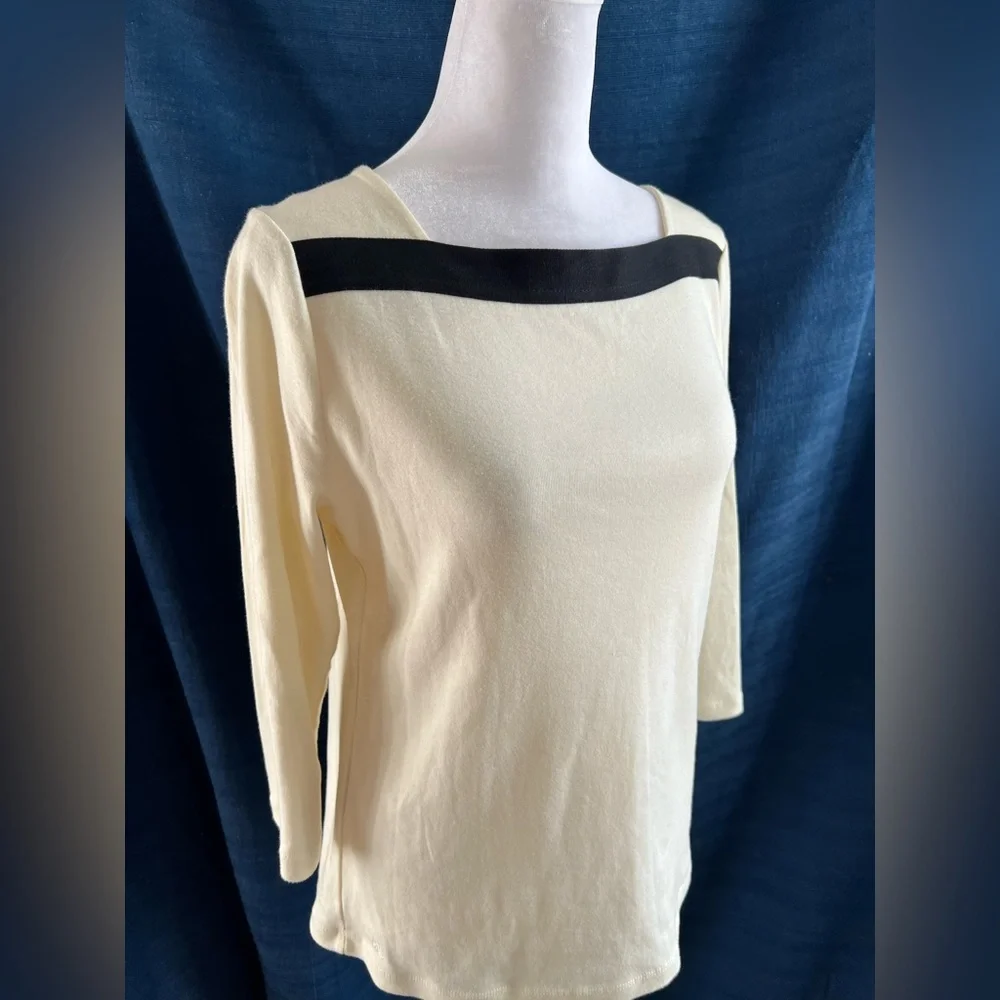 NWT Lauren Ralph Lauren | Cream 3/4 Sleeve Top Black Stripe Neckline Size Med - Picture 6 of 9